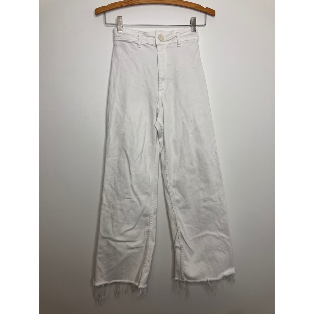Zara High Rise Jeans Womens 0 White Excellent Raw Hem Wide Leg Denim